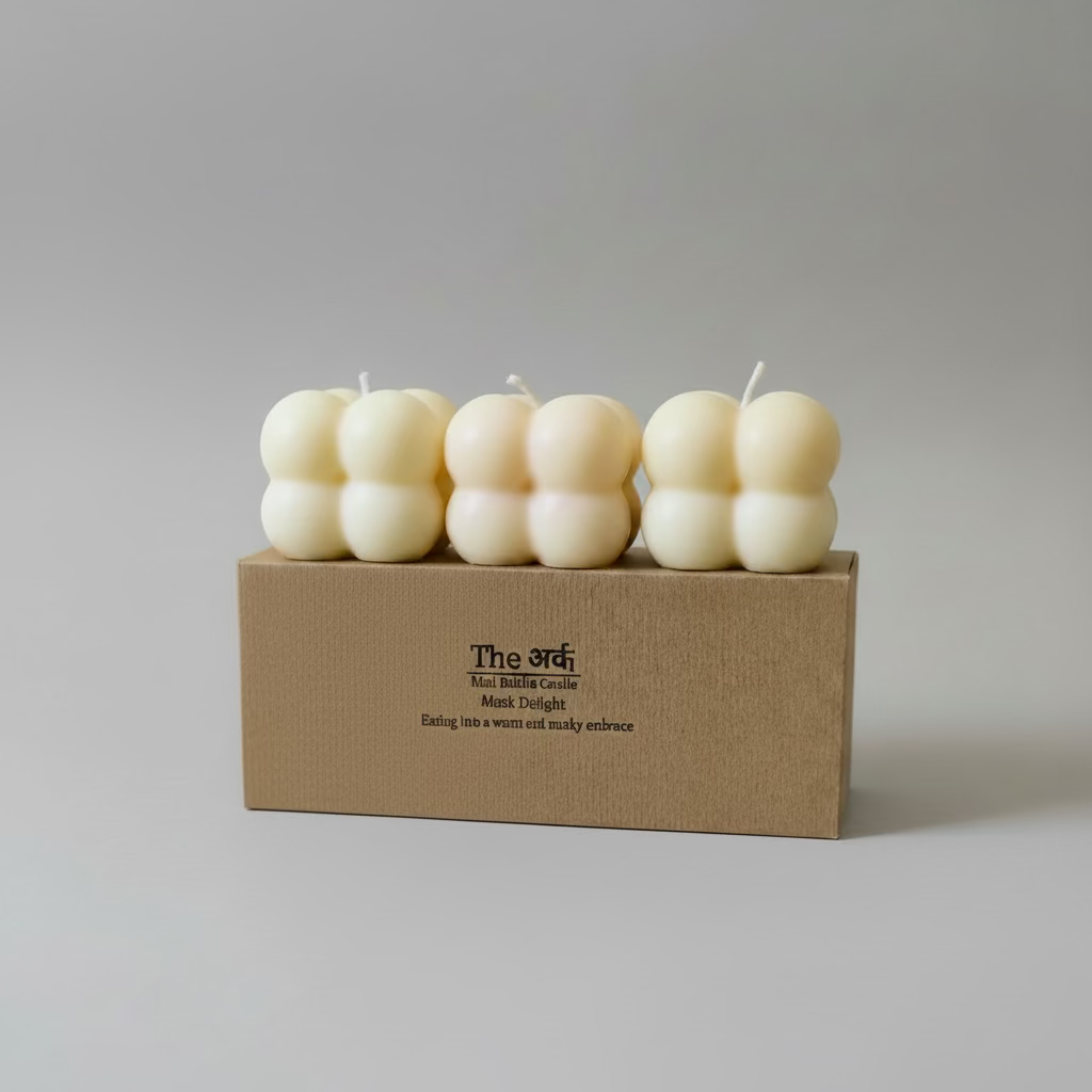 Set of colorful candles in a box with a red ribbon on a white background